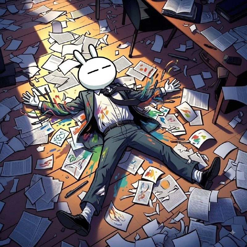 Tuzki lying in an artist's studio surrounded by papers